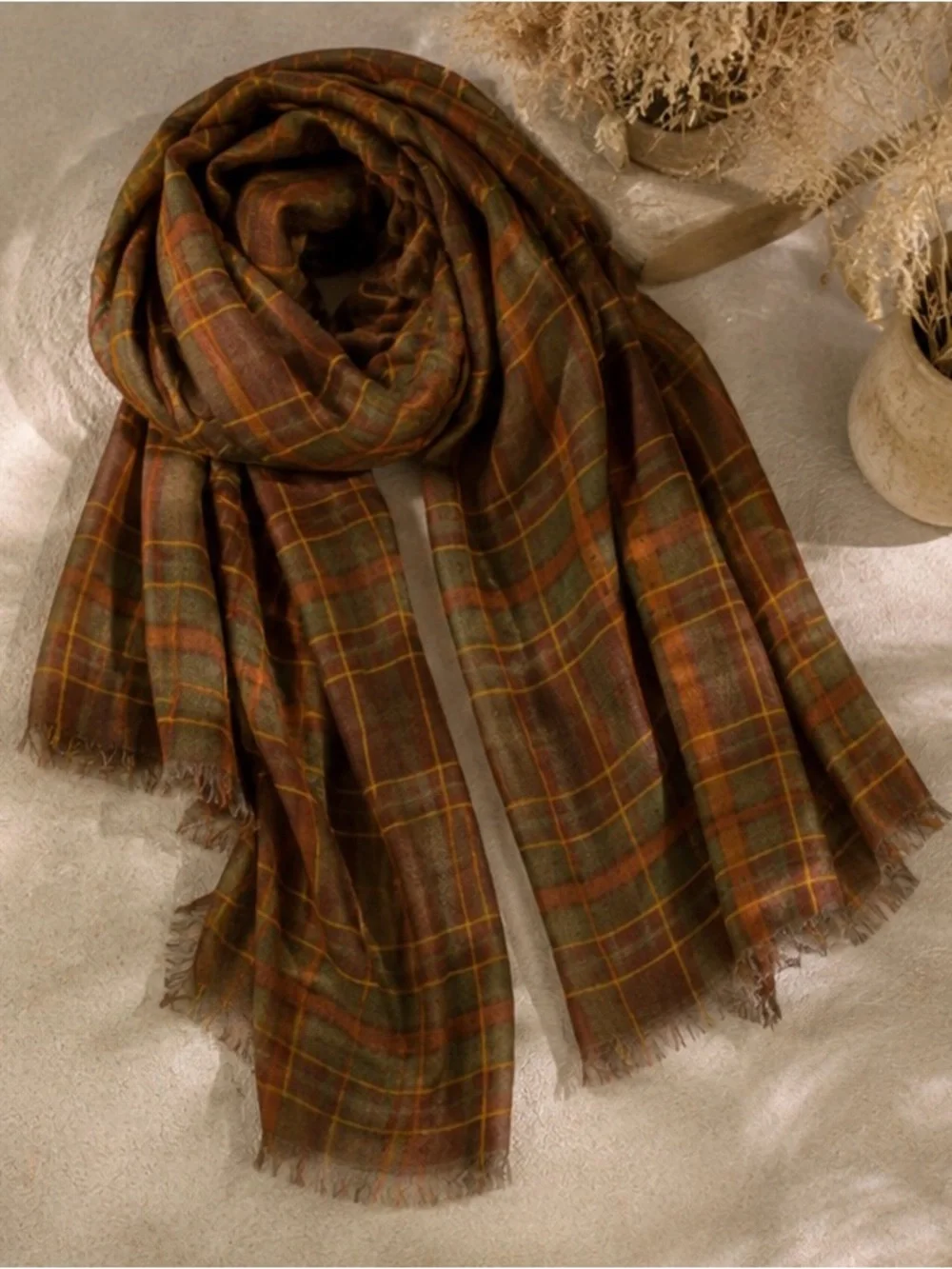 NWT Patricia Nash Plaid Fringe Scarf Brown Olive Orange